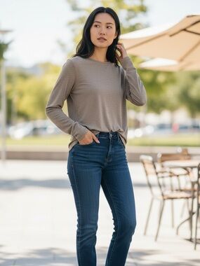 NWT Mango Long-Sleeve Crewneck Top in Taupe Brown